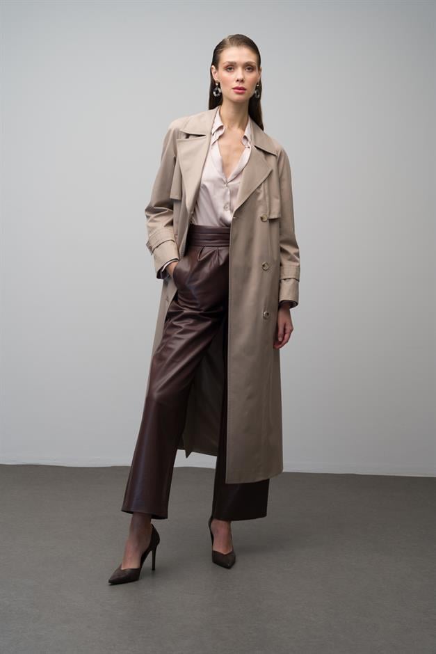 Raglan Sleeve Double Breasted Water Repellent Lined Long Trench Coat STONE 6642