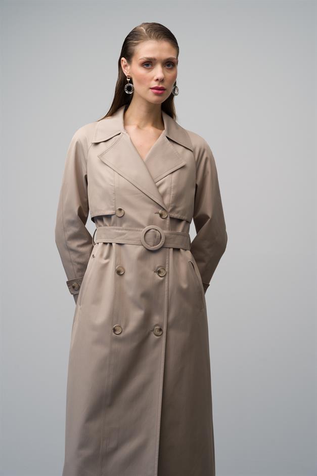 Raglan Sleeve Double Breasted Water Repellent Lined Long Trench Coat STONE 6642