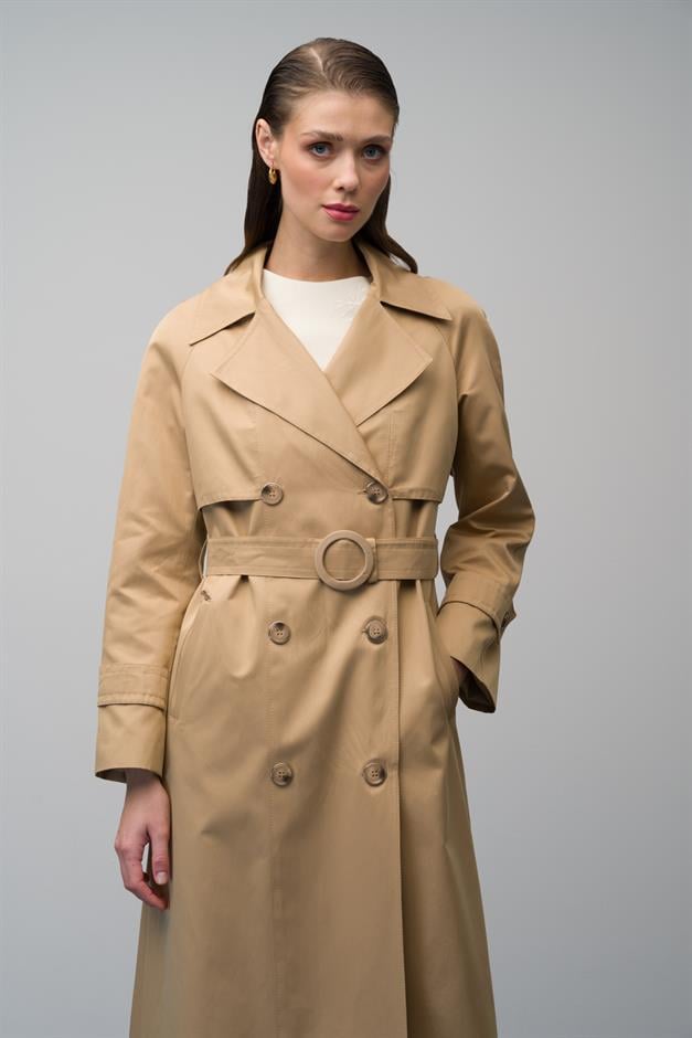 Raglan Sleeve Double Breasted Water Repellent Lined Long Trench Coat CAMEL 6642