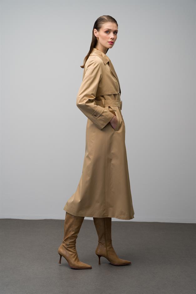 Raglan Sleeve Double Breasted Water Repellent Lined Long Trench Coat CAMEL 6642