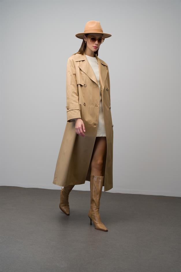Raglan Sleeve Double Breasted Water Repellent Lined Long Trench Coat CAMEL 6642