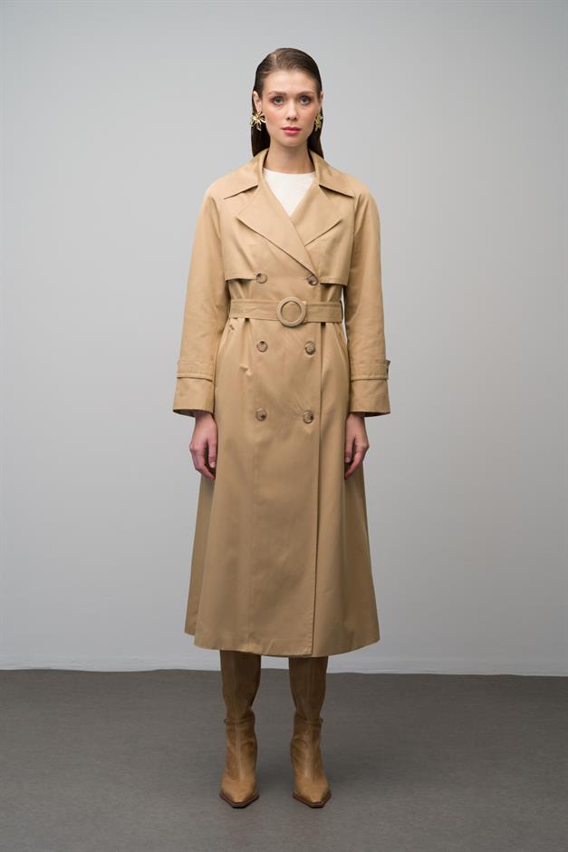 Raglan Sleeve Double Breasted Water Repellent Lined Long Trench Coat CAMEL 6642