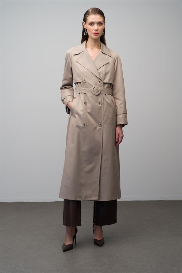 Raglan Sleeve Double Breasted Water Repellent Lined Long Trench Coat STONE 6642
