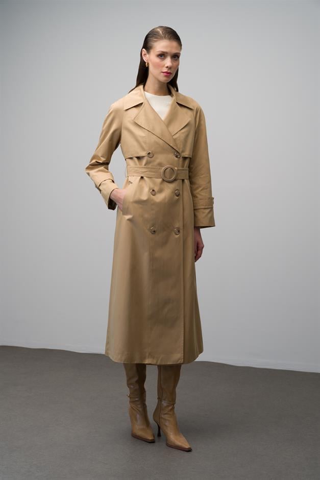 Raglan Sleeve Double Breasted Water Repellent Lined Long Trench Coat CAMEL 6642