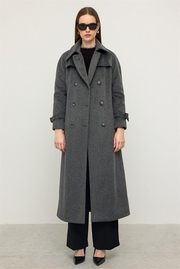 معطف طويل من الموهير بأكمام راجلان وتفاصيل كيب أنثراسايت 3144