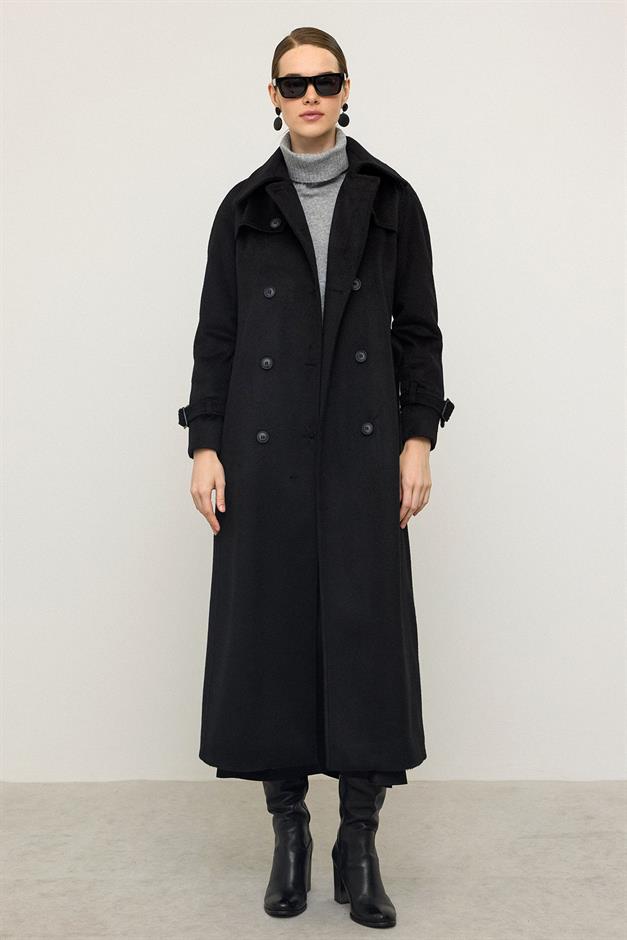 معطف طويل من الموهير بأكمام راجلان وتفاصيل كيب أسود 3144