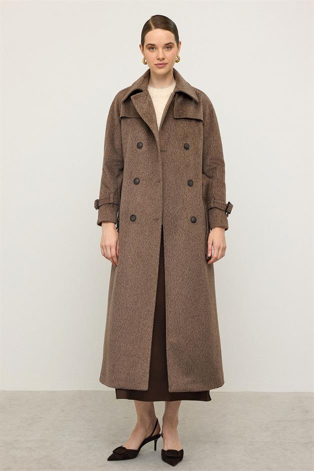 معطف طويل من الموهير بأكمام راجلان وتفاصيل كيب لاتيه 3144