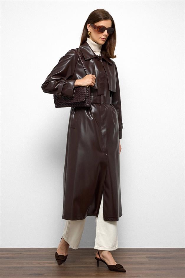 Raglan Sleeve Cape and Point Stitch Detailed Leather Trench Coat Black Coffee 6754