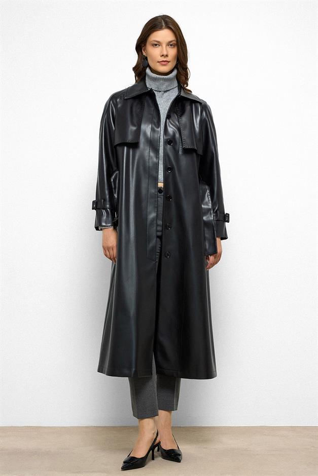 Raglan Sleeve Cape and Point Stitch Detailed Leather Trench Coat BLACK 6754