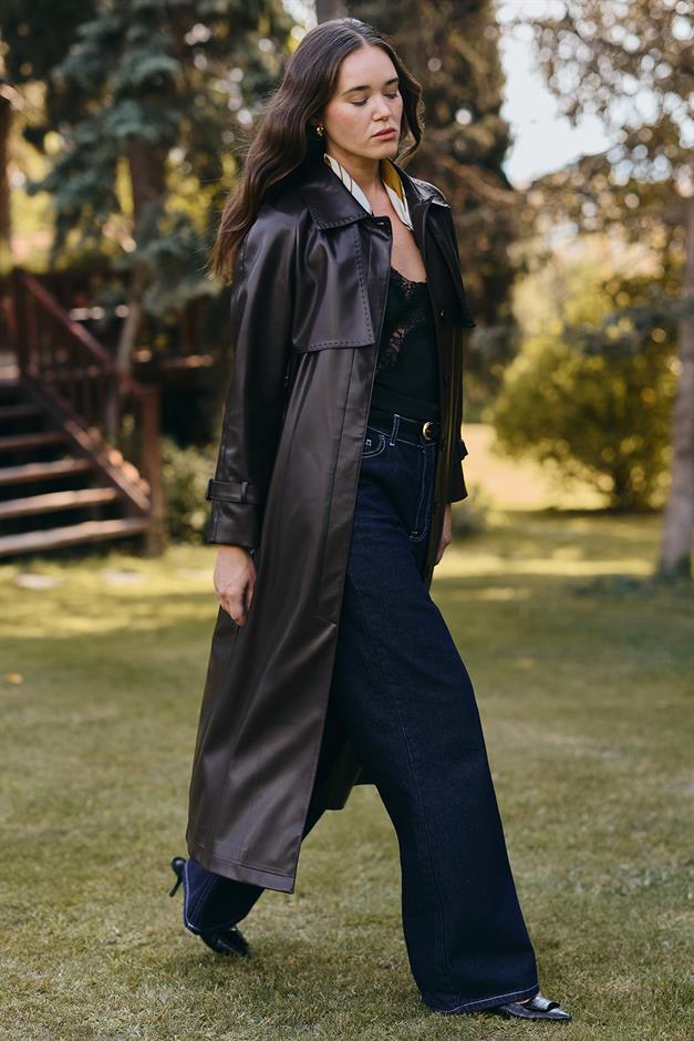 Raglan Sleeve Cape and Point Stitch Detailed Leather Trench Coat BLACK 6754