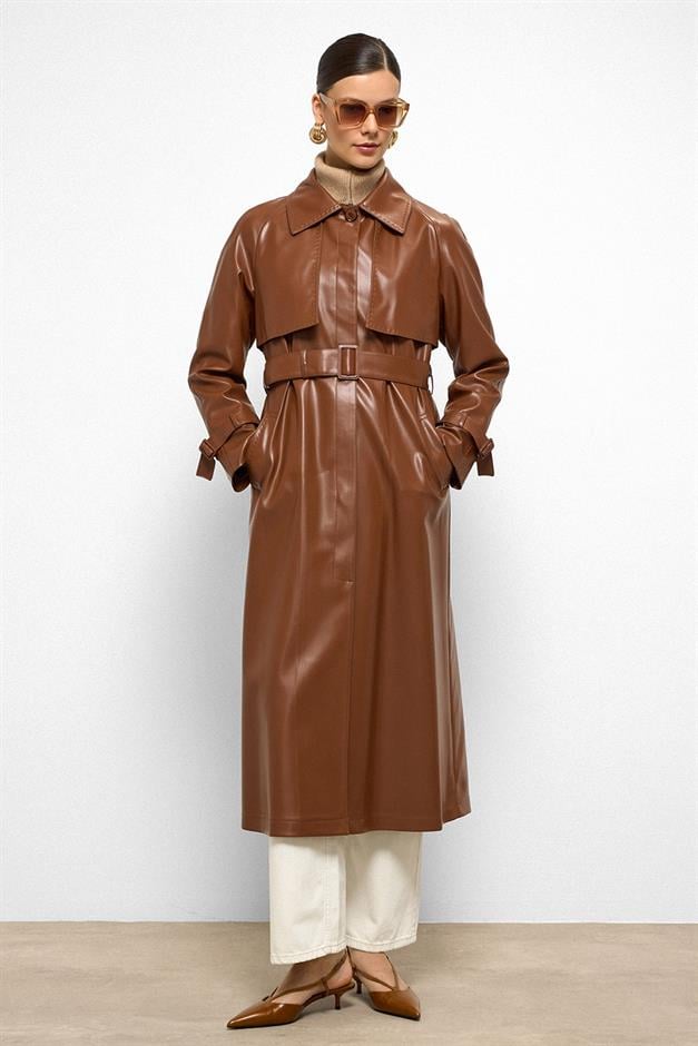 Raglan Sleeve Cape and Point Stitch Detailed Leather Trench Coat CAMEL 6754
