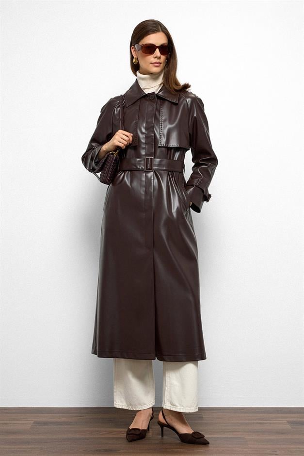 Raglan Sleeve Cape and Point Stitch Detailed Leather Trench Coat Black Coffee 6754