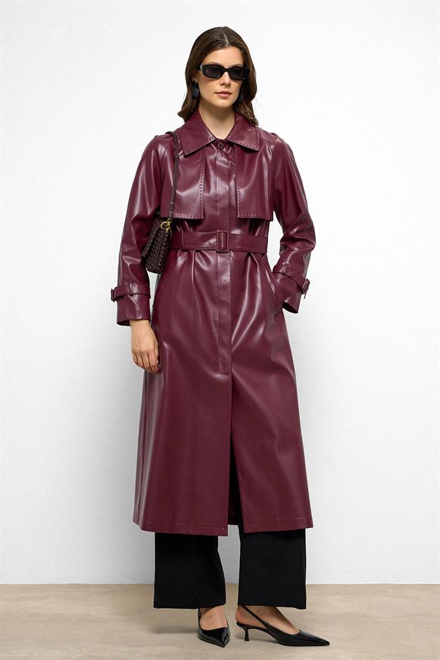 Raglan Sleeve Cape and Point Stitch Detailed Leather Trench Coat CLARET RED 6754