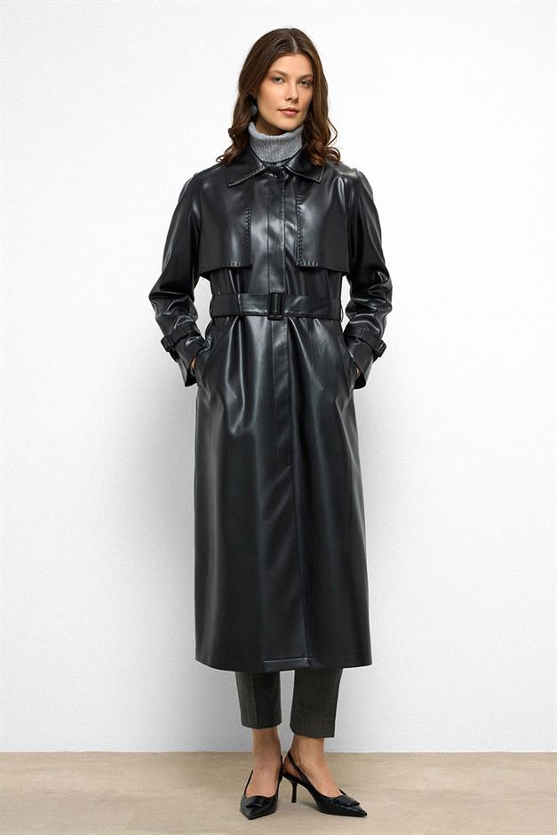 Raglan Sleeve Cape and Point Stitch Detailed Leather Trench Coat BLACK 6754
