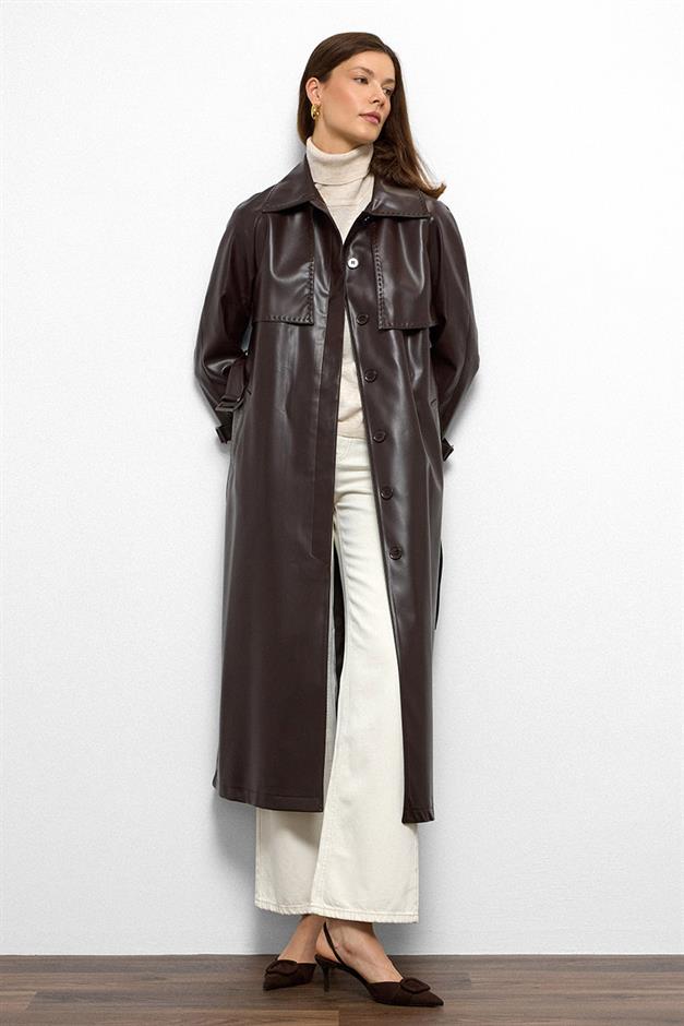 Raglan Sleeve Cape and Point Stitch Detailed Leather Trench Coat Black Coffee 6754