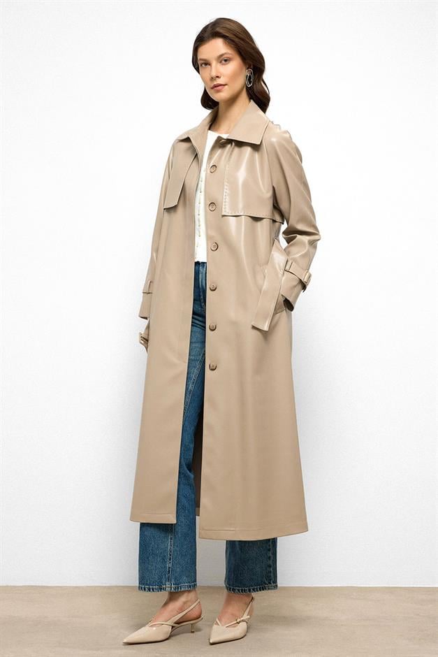 Raglan Sleeve Cape and Point Stitch Detailed Leather Trench Coat STONE 6754
