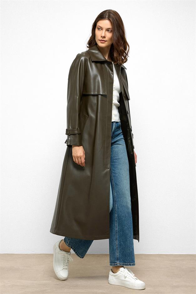 Raglan Sleeve Cape and Point Stitch Detailed Leather Trench Coat DRAB 6754