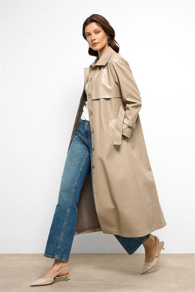 Raglan Sleeve Cape and Point Stitch Detailed Leather Trench Coat STONE 6754