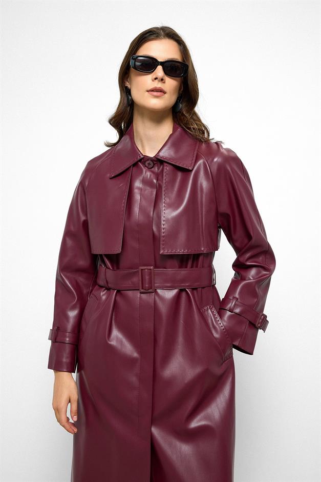 Raglan Sleeve Cape and Point Stitch Detailed Leather Trench Coat CLARET RED 6754