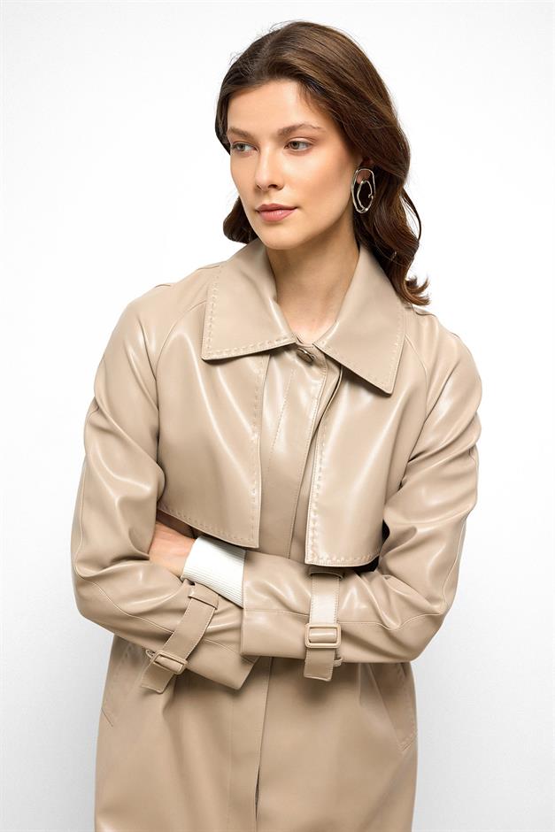 Raglan Sleeve Cape and Point Stitch Detailed Leather Trench Coat STONE 6754