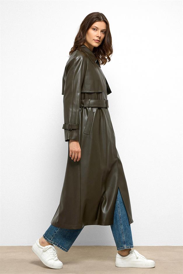 Raglan Sleeve Cape and Point Stitch Detailed Leather Trench Coat DRAB 6754