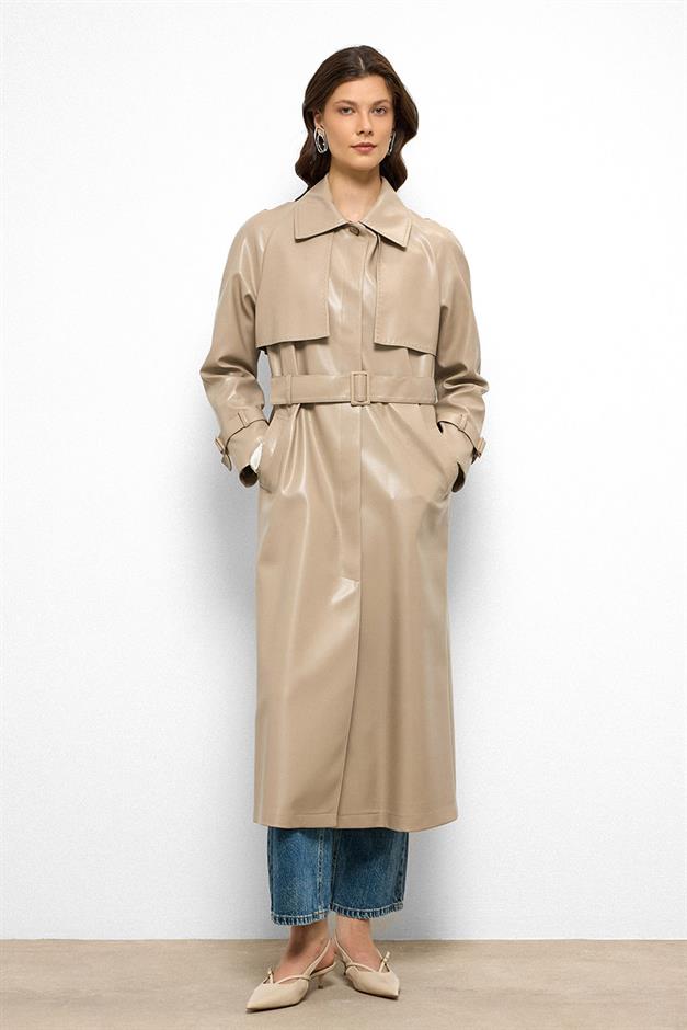 Raglan Sleeve Cape and Point Stitch Detailed Leather Trench Coat STONE 6754