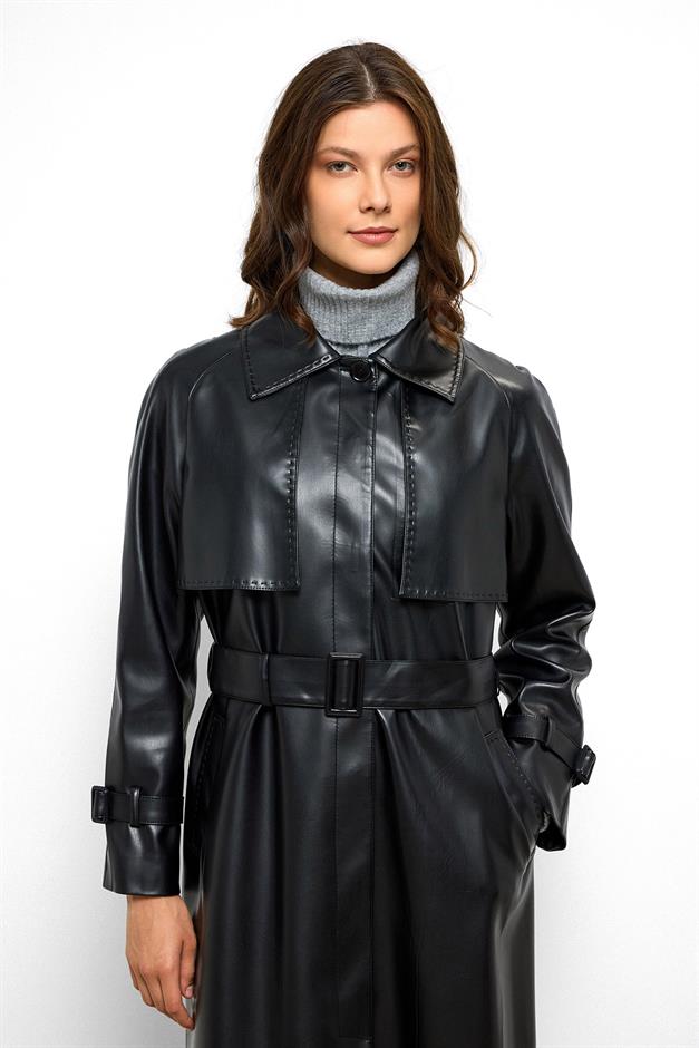Raglan Sleeve Cape and Point Stitch Detailed Leather Trench Coat BLACK 6754