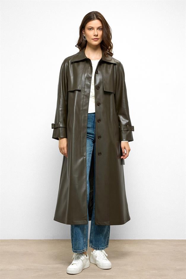 Raglan Sleeve Cape and Point Stitch Detailed Leather Trench Coat DRAB 6754