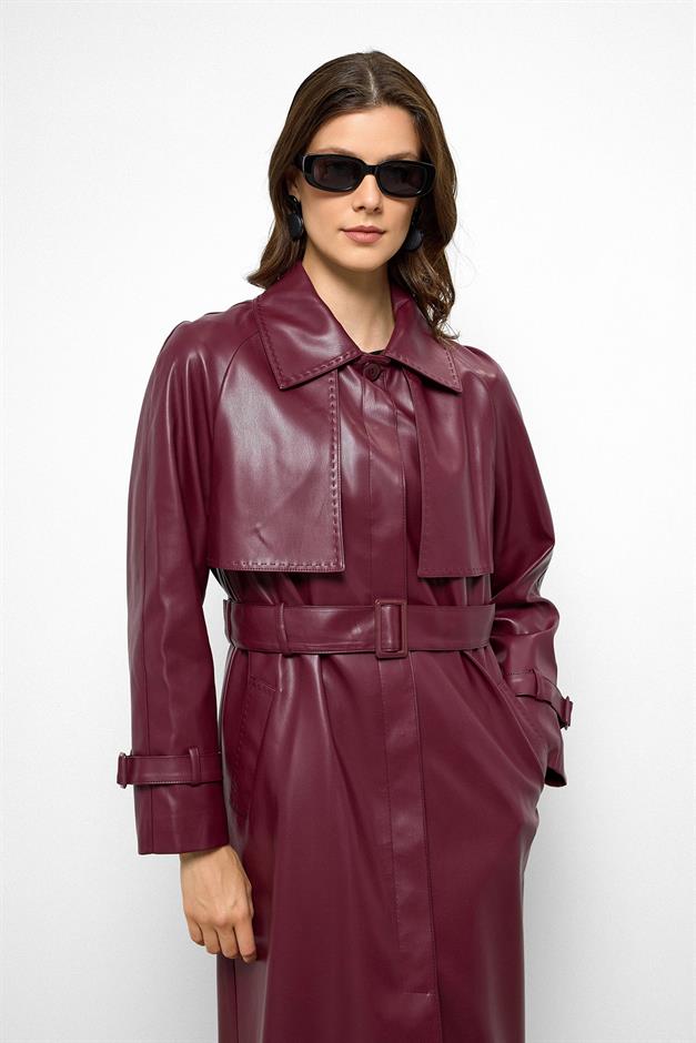 Raglan Sleeve Cape and Point Stitch Detailed Leather Trench Coat CLARET RED 6754