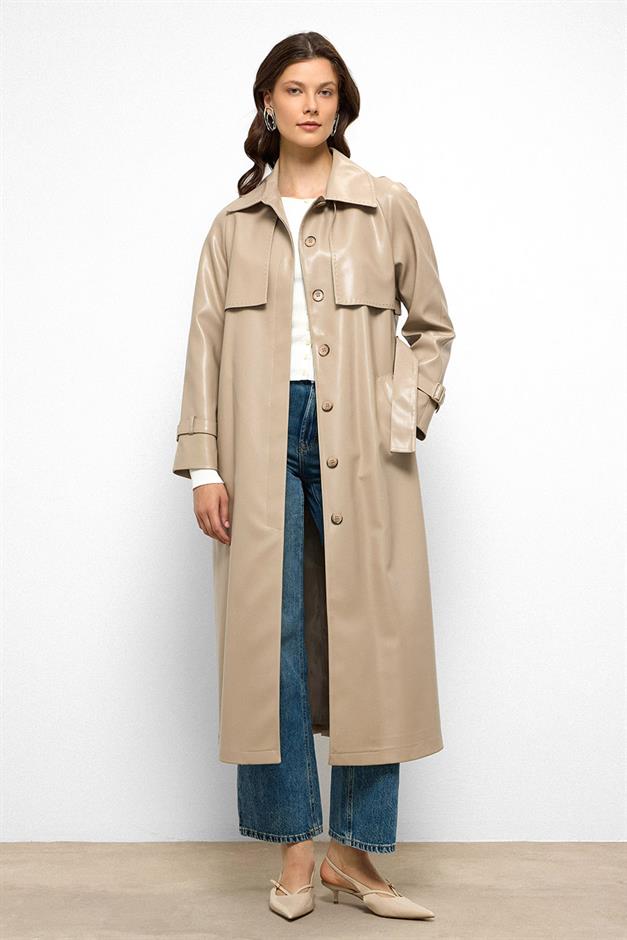 Raglan Sleeve Cape and Point Stitch Detailed Leather Trench Coat STONE 6754