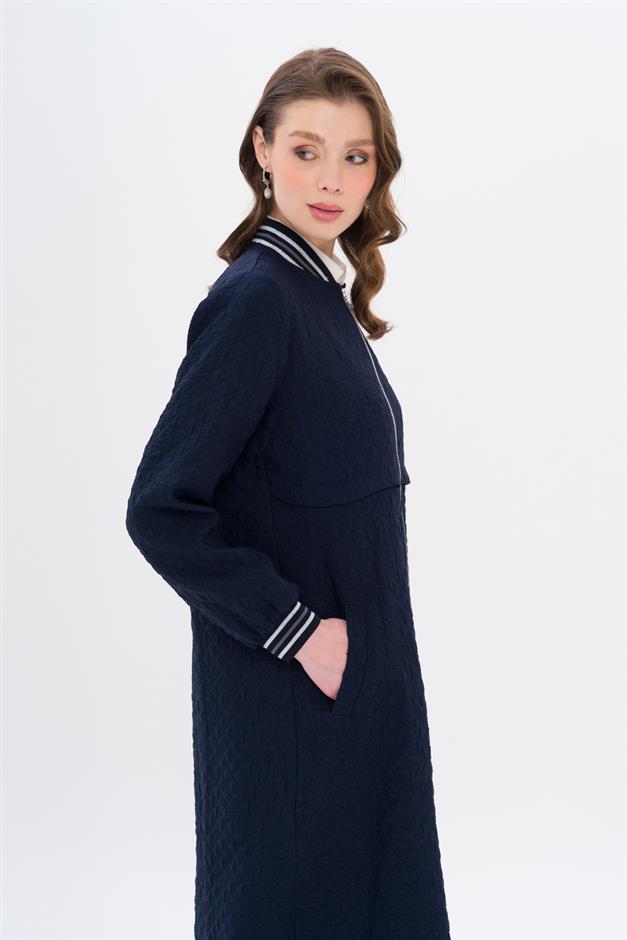 Quilted Patterned Lightweight Coat with Rib and Stone Details NAVY 6702