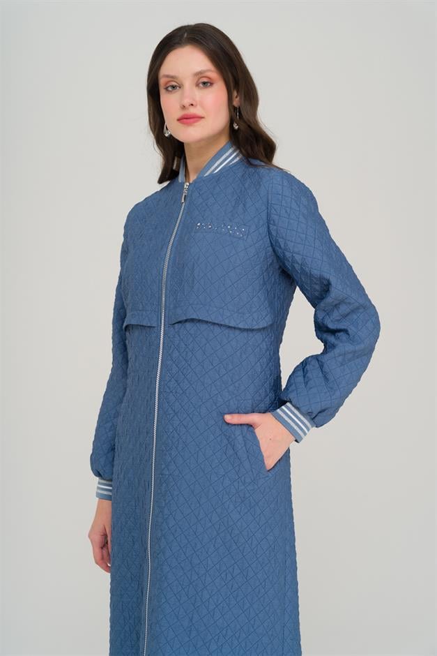 Quilted Patterned Lightweight Coat with Rib and Stone Details İNDİGO 6702