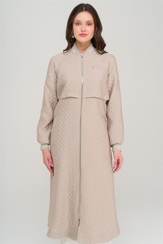 Quilted Patterned Lightweight Coat with Rib and Stone Details STONE 6702