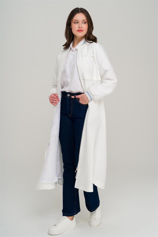 Quilted Patterned Lightweight Coat with Rib and Stone Details IVORY 6702