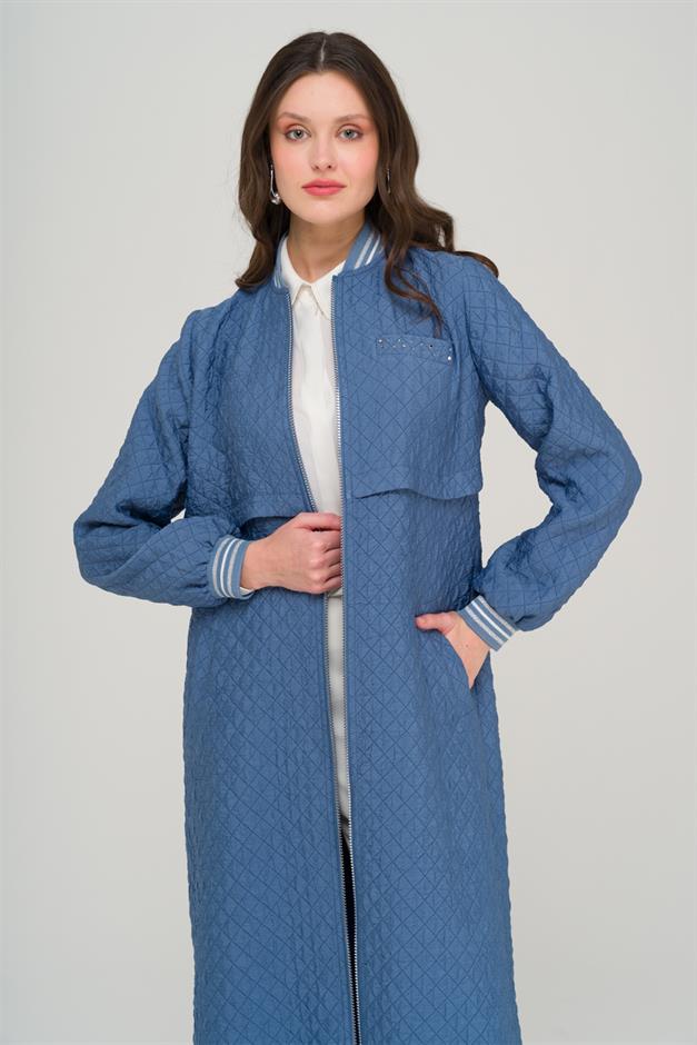 Quilted Patterned Lightweight Coat with Rib and Stone Details İNDİGO 6702