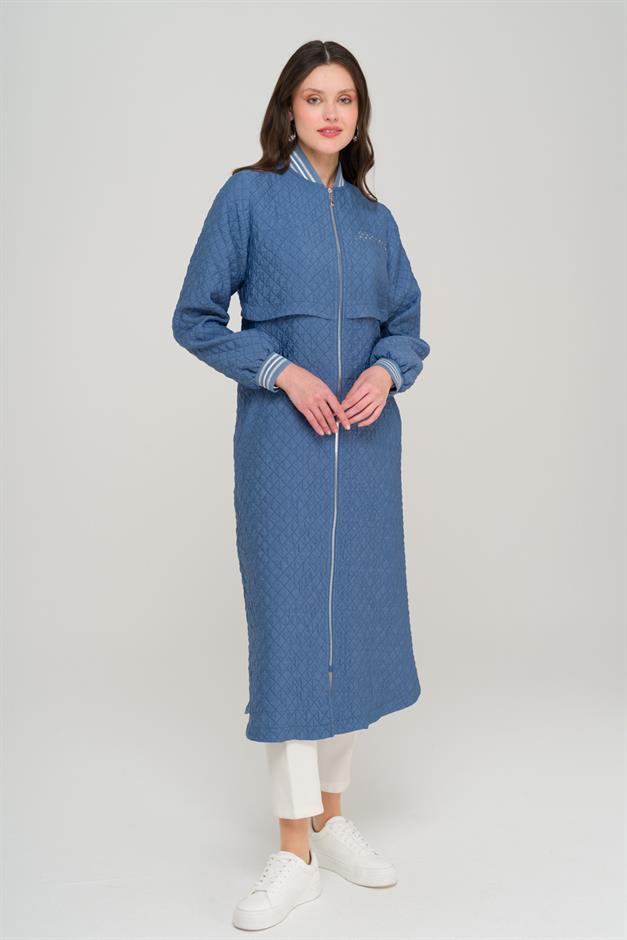 Quilted Patterned Lightweight Coat with Rib and Stone Details İNDİGO 6702