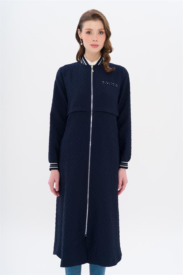 Quilted Patterned Lightweight Coat with Rib and Stone Details NAVY 6702