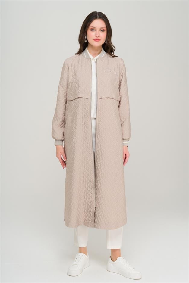 Quilted Patterned Lightweight Coat with Rib and Stone Details STONE 6702