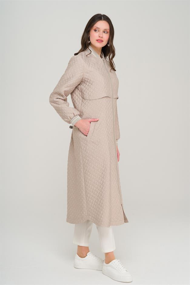 Quilted Patterned Lightweight Coat with Rib and Stone Details STONE 6702