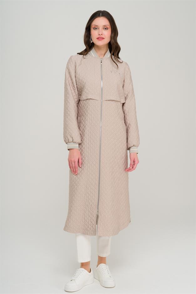 Quilted Patterned Lightweight Coat with Rib and Stone Details STONE 6702