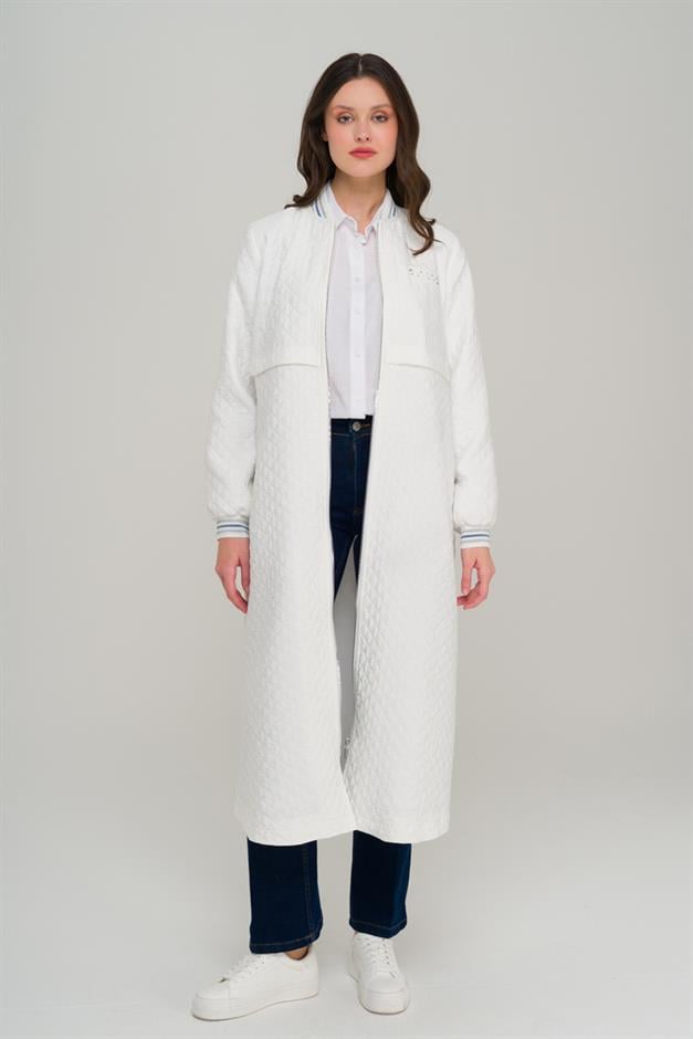 Quilted Patterned Lightweight Coat with Rib and Stone Details IVORY 6702