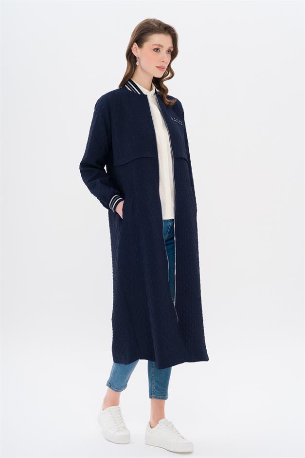 Quilted Patterned Lightweight Coat with Rib and Stone Details NAVY 6702