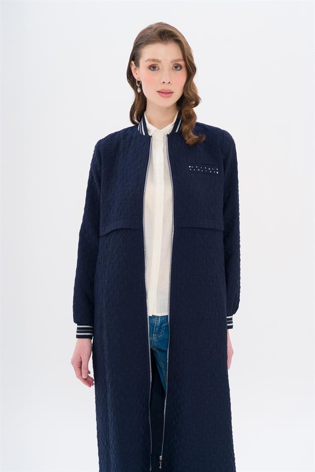 Quilted Patterned Lightweight Coat with Rib and Stone Details NAVY 6702