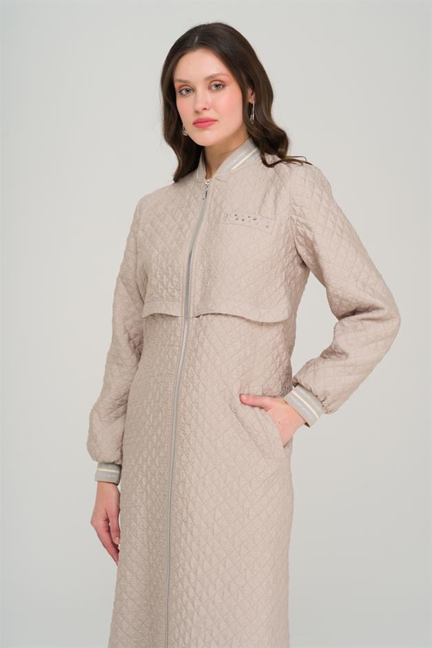 Quilted Patterned Lightweight Coat with Rib and Stone Details STONE 6702