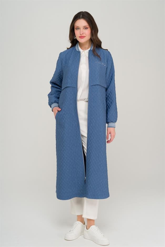 Quilted Patterned Lightweight Coat with Rib and Stone Details İNDİGO 6702