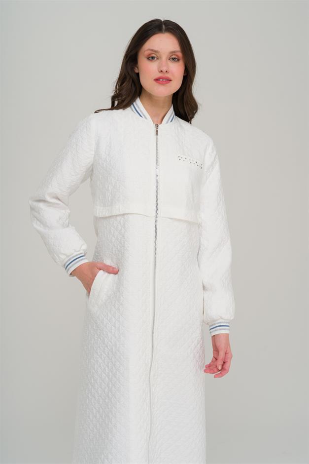 Quilted Patterned Lightweight Coat with Rib and Stone Details IVORY 6702