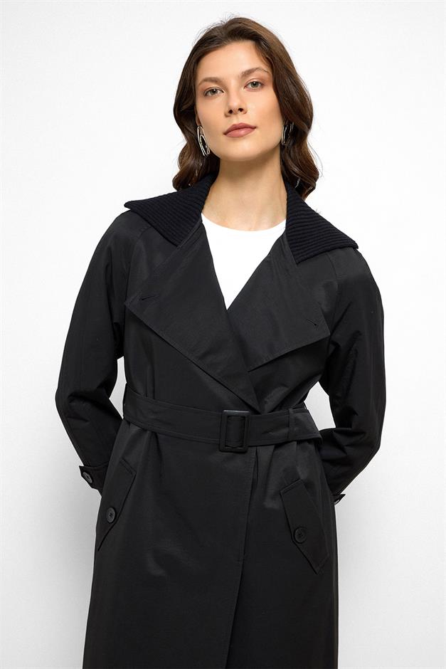 معطف ترنش مقاوم للماء بأكمام راجلان وياقة مضلعة أسود 6758