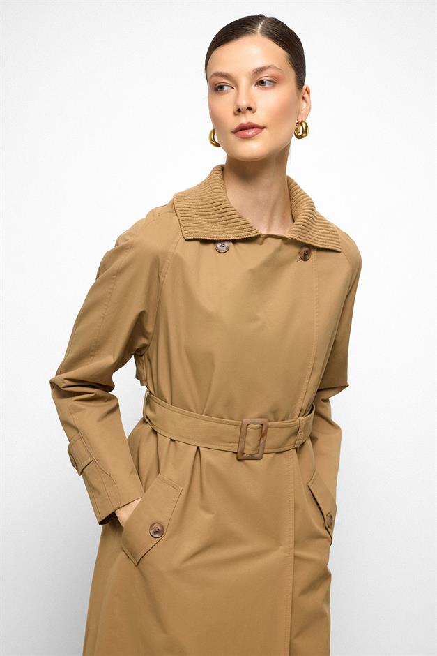 معطف ترنش مقاوم للماء بأكمام راجلان وياقة مضلعة كامل 6758