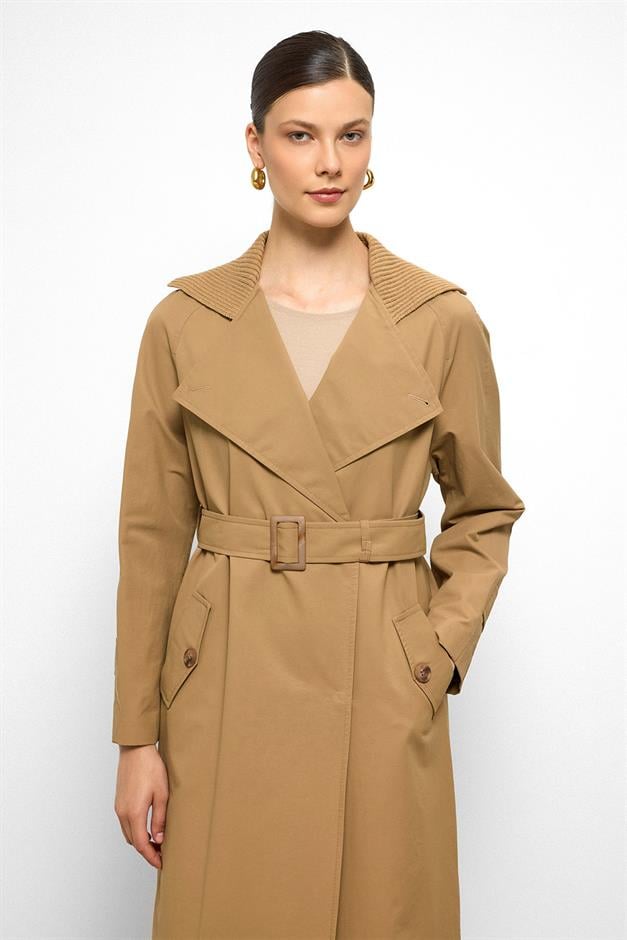 معطف ترنش مقاوم للماء بأكمام راجلان وياقة مضلعة كامل 6758