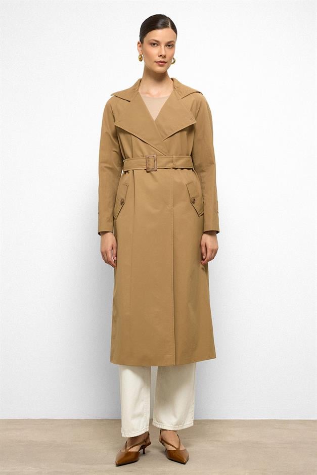 معطف ترنش مقاوم للماء بأكمام راجلان وياقة مضلعة كامل 6758